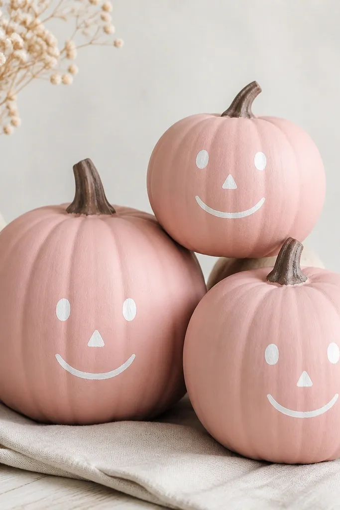 Three pumpkins in blush pink with simple white faces. The eyes are small ovals with slightly uneven edges, the nose is a tiny triangle, and the mouth is a gentle curve. The finish is matte and the stems are painted a darker muted brown.