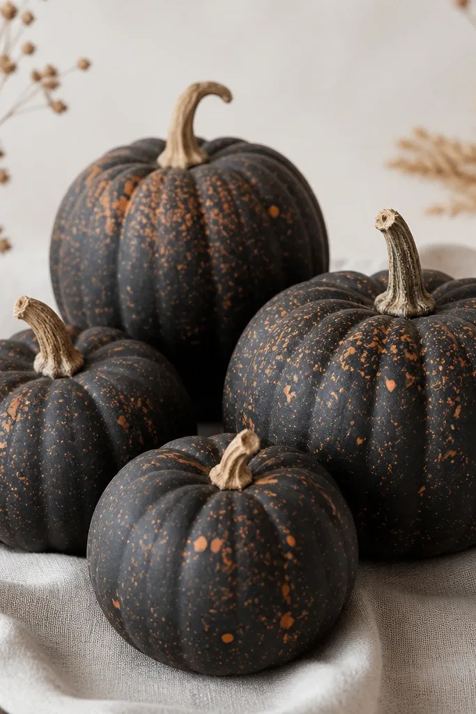 A set of four pumpkins with a charcoal base. Over it, orange speckles and small flecks scatter across the surface like painted clay. Some flecks cluster near the top, and the pumpkins have a matte finish with natural stems.
