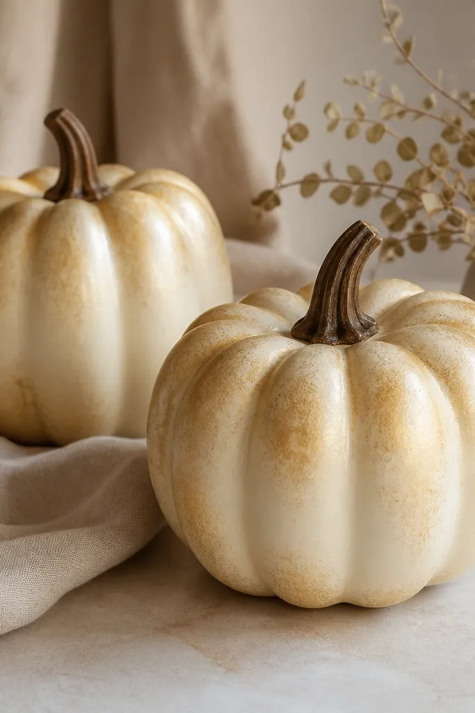 Two pumpkins with a warm cream base. The corners and edges of the pumpkin curve have a gold leaf effect made from sponging metallic gold paint. There are no sharp lines, just soft gold coverage. The finish is satin and the stems are painted dark brown.