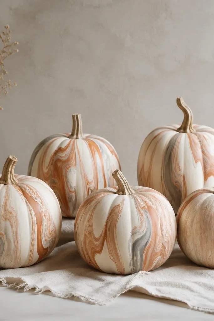 Five pumpkins with a cream base and marbled swirls in burnt sienna and a touch of warm gray. The swirls flow vertically, with soft feathered edges. The stems are natural and the finish is matte for a chalky ceramic feel.