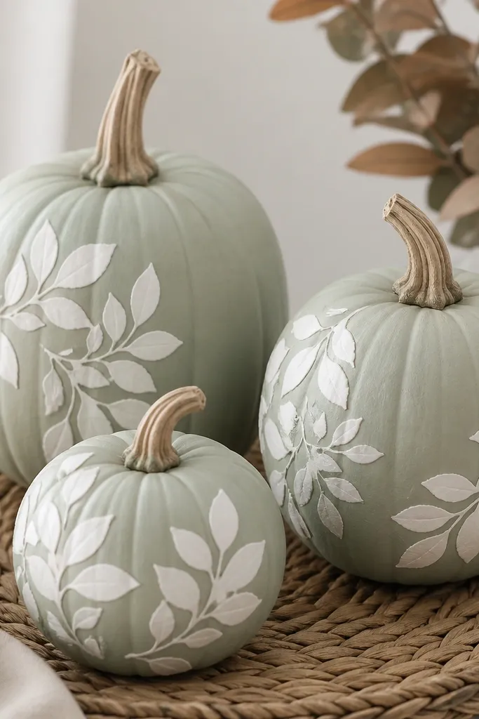 Three pumpkins painted pale sage. White leaf shapes appear in clusters, like cutouts. The leaves have a slightly raised edge effect from stencil material, and the pumpkins sit on a woven placemat.