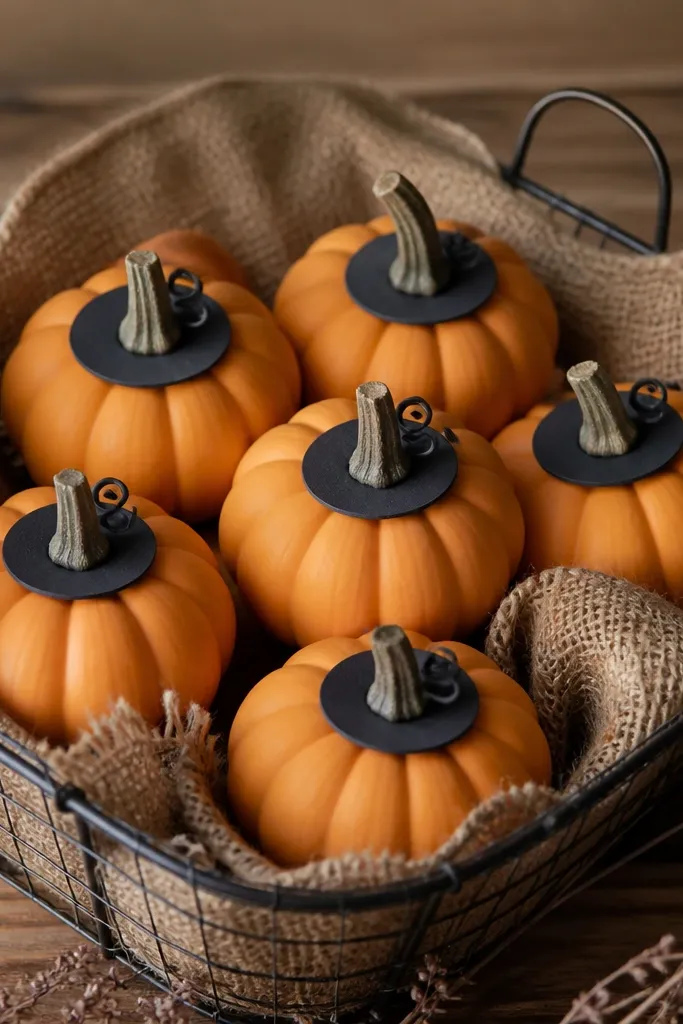 A set of 6 mini pumpkins in matte orange. Around each is a black band like a witch hat brim, with a small curled detail near the stem. The pumpkins sit in a wire basket with burlap.