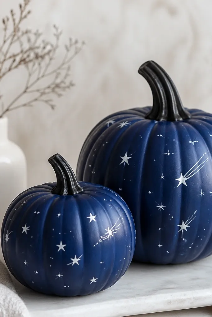 Two pumpkins painted deep indigo. White stars are scattered, and a few stars have short line streaks like comets. The finish is satin and the stems are painted dark.