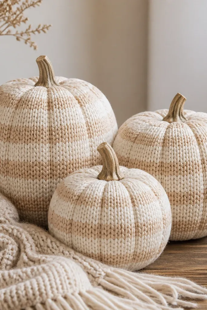Three pumpkins with a warm white base. Horizontal bands create a chunky knit illusion with slightly raised-looking strokes in light tan and cream. The pumpkins have matte finish and sit next to a knit scarf.