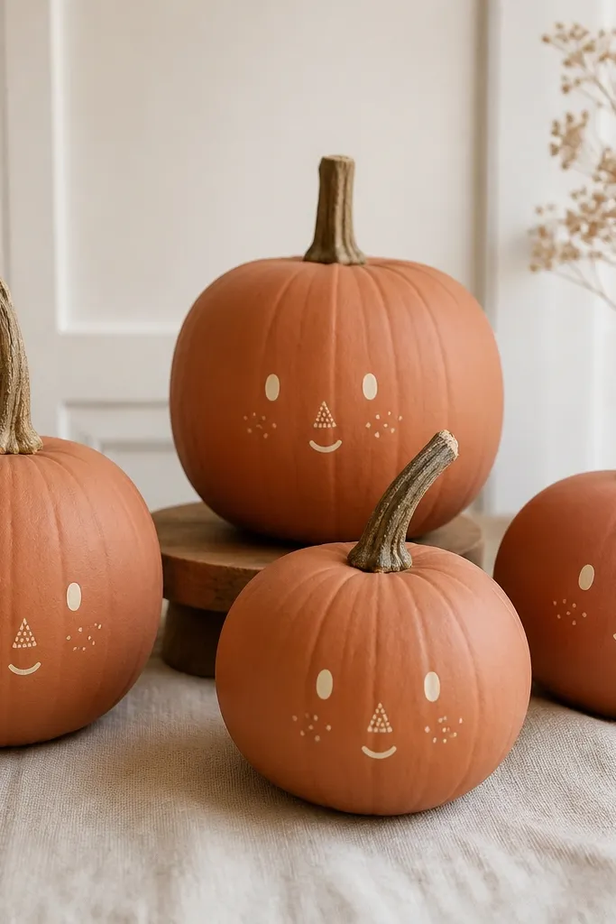 Four pumpkins with terracotta base and simple faces. The eyes are small cream ovals, the mouth is a soft curve, and the nose is a tiny triangle made of multiple speckles. Freckles dot the cheeks. Matte finish with natural stems.