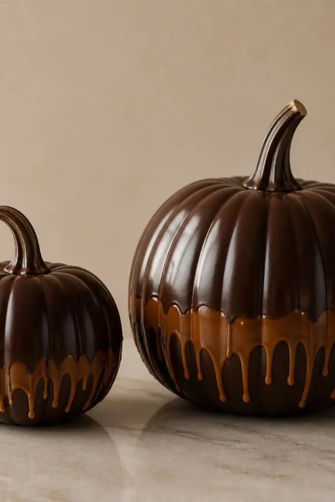 Two pumpkins painted chocolate brown with caramel paint drips along the lower third. The drips are thin and uneven like melted chocolate, with a few thicker drops near the edges. Satin finish makes the caramel look glossy but smooth.