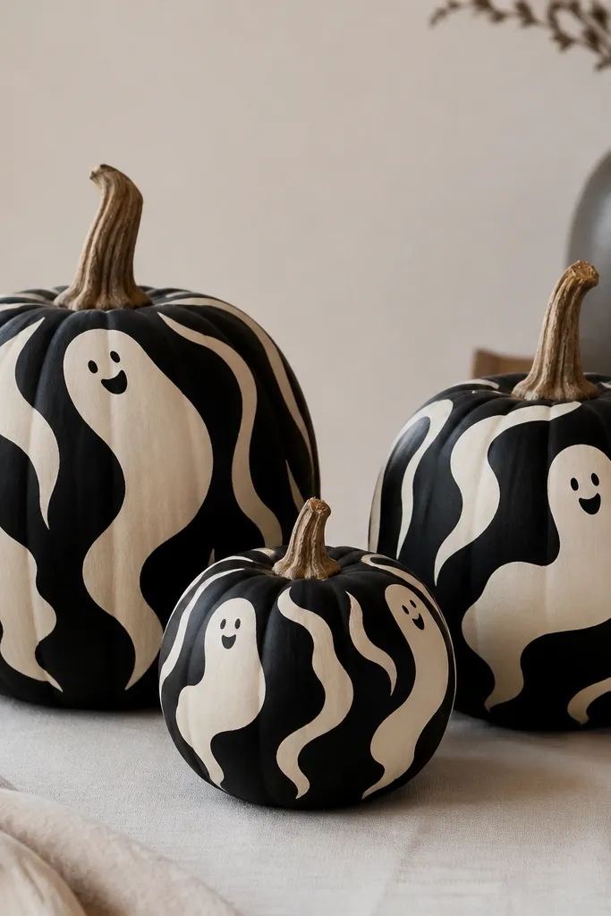 A set of 3 pumpkins with a black base and cream ghost shapes painted in swirling, wavy outlines. Each ghost is slightly different, with small dot eyes and a curved mouth. Matte finish and stems left natural.
