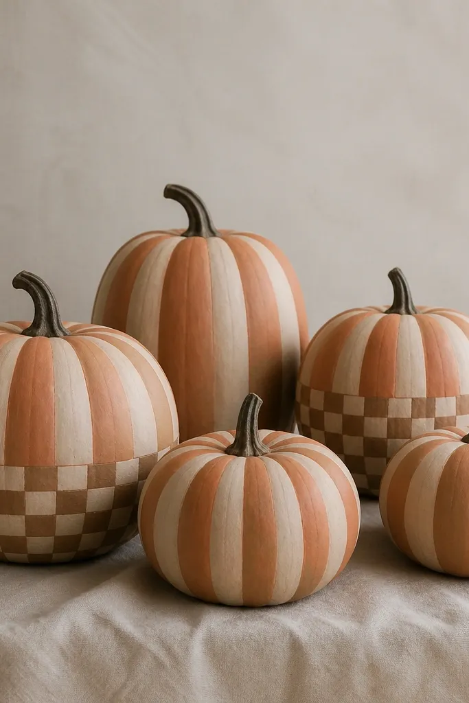 Five pumpkins with a muted orange base and vertical stripes in cream and pale brown. On two pumpkins, the lower third has mini checker squares in cream and brown. The finish is matte and the stems are darkened.