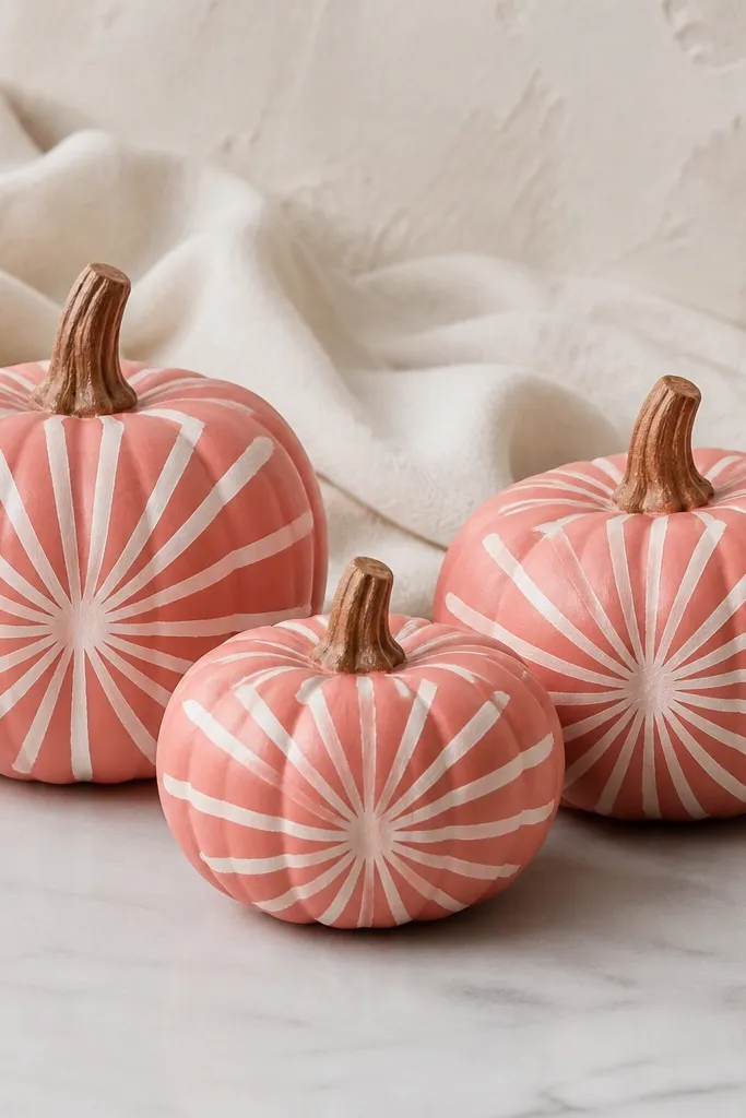 Three pumpkins with muted coral bases. White starburst rays radiate from the center of each pumpkin, with uneven hand-painted ray lengths. The finish is satin and the stems are painted coral-brown.