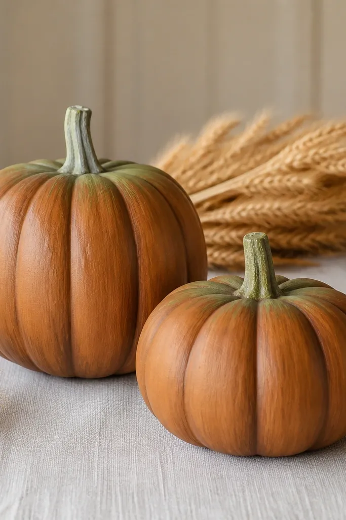 Two pumpkins painted a warm orange-brown with darker brown carved-looking grooves. The stem is painted pale sage, and the top has a soft green highlight. Matte finish, natural table setting with dried wheat.