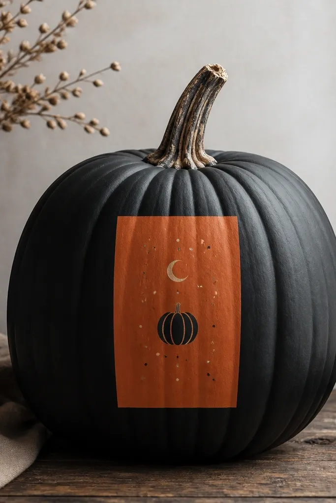 A single large pumpkin painted matte black with a burnt orange rectangular text block in the center. Inside the block are small painted symbols: a tiny pumpkin icon, a moon, and dots. The edges are crisp, and the stem is natural.