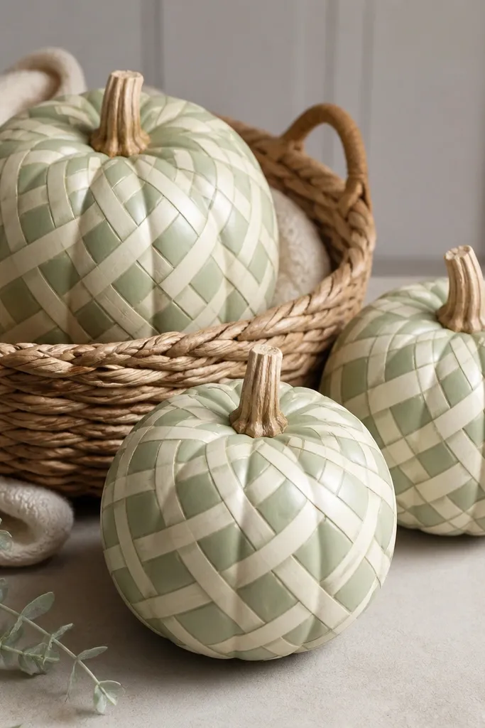 Three pumpkins with sage green base and cream basket weave pattern. The weave looks like crisscrossing strips, with slightly darker sage lines in between. The finish is matte and the pumpkins are paired with a woven basket nearby.
