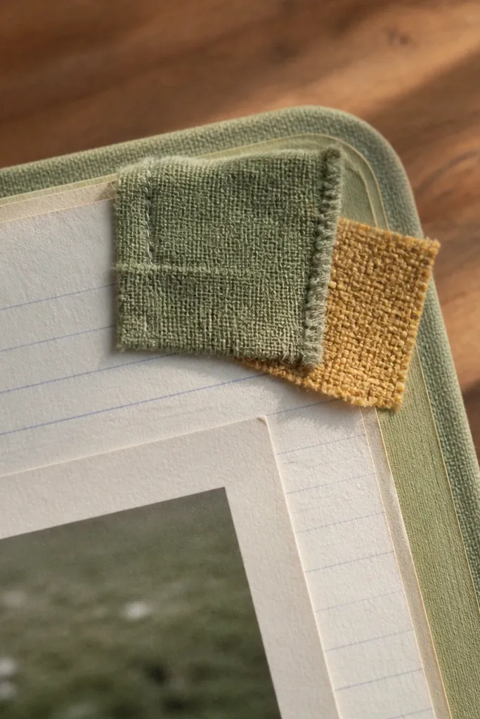 Small fabric scraps glued to two corners of a scrapbook page