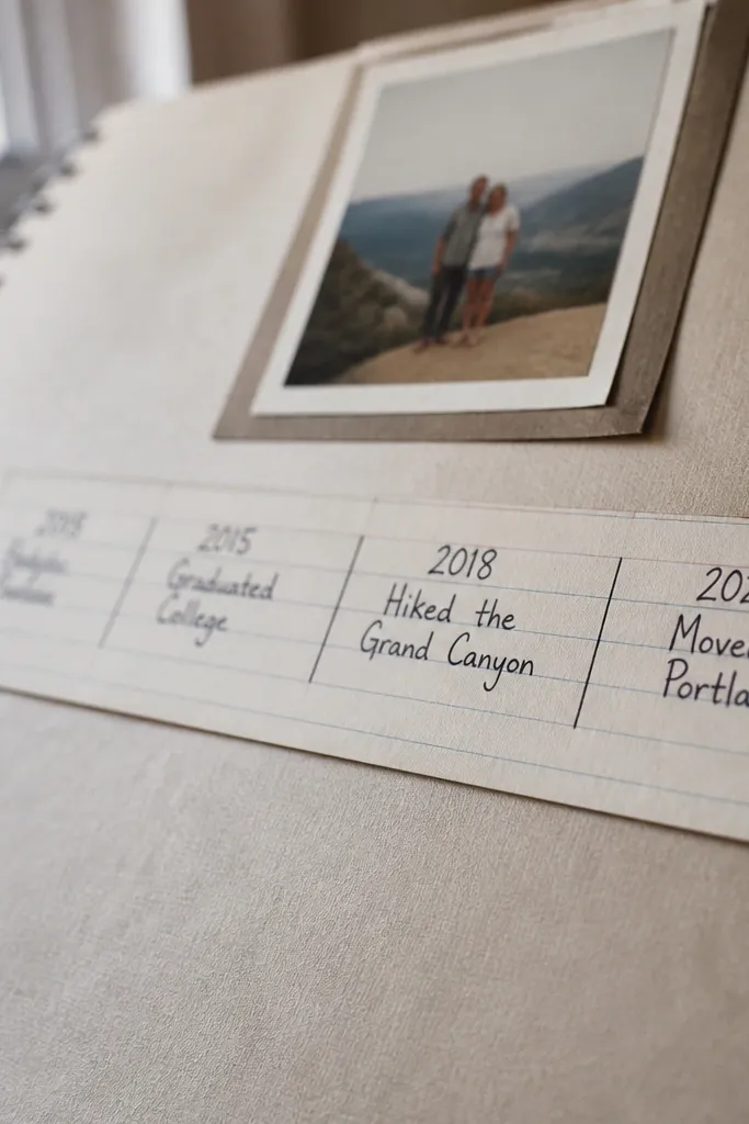 A narrow strip of lined notebook paper with handwritten dates and notes