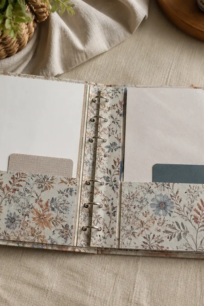 A scrapbook page held by an upcycled binding spine with rings