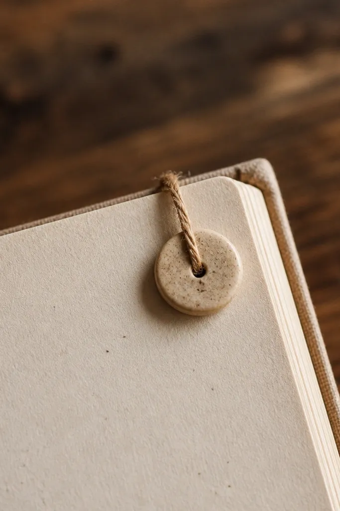 A small fabric thread flag with a button on a corner of a scrapbook page