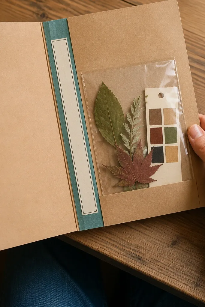 A clear pocket holding small samples with a washi spine label