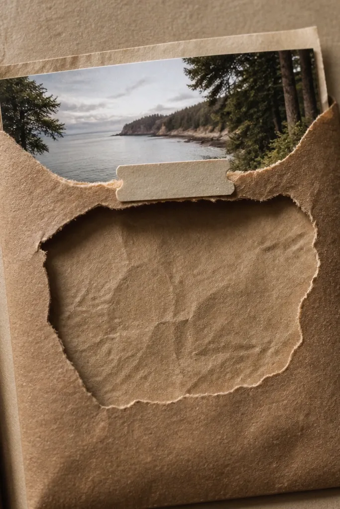 Kraft paper pockets with torn edges holding photos and small notes