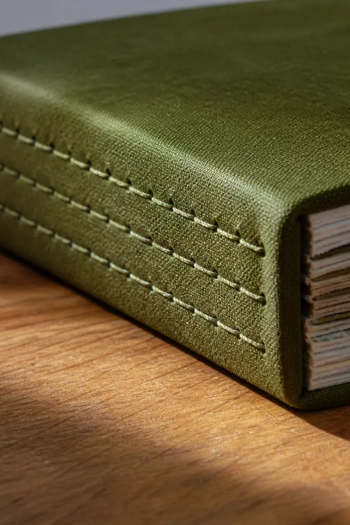 A scrapbook with a fabric-covered spine and visible stitch texture