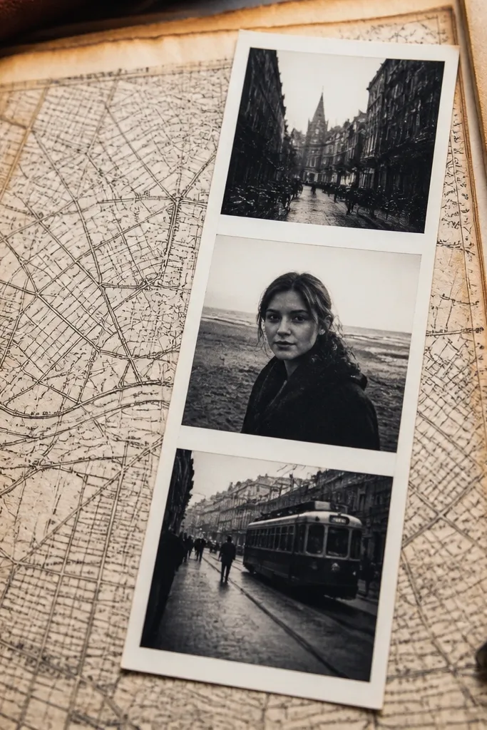 A scrapbook page with a map background and brown inked edges