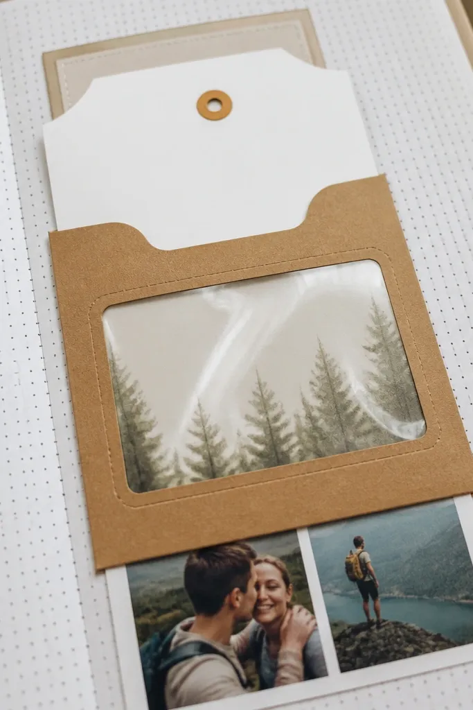 Receipt-size envelopes tucked into a scrapbook page with a window label
