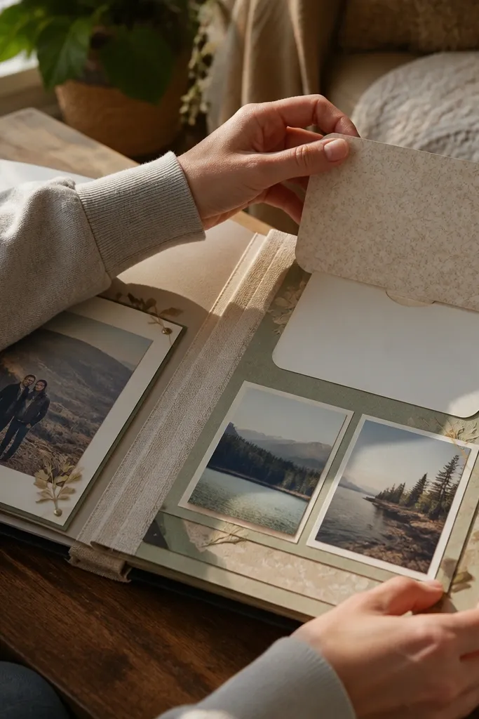 Fabric-hinged scrapbook page panels that flip open