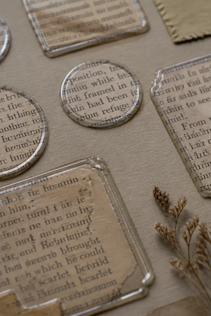 Scrapbook page with book text cut-out shapes framed with clear medium