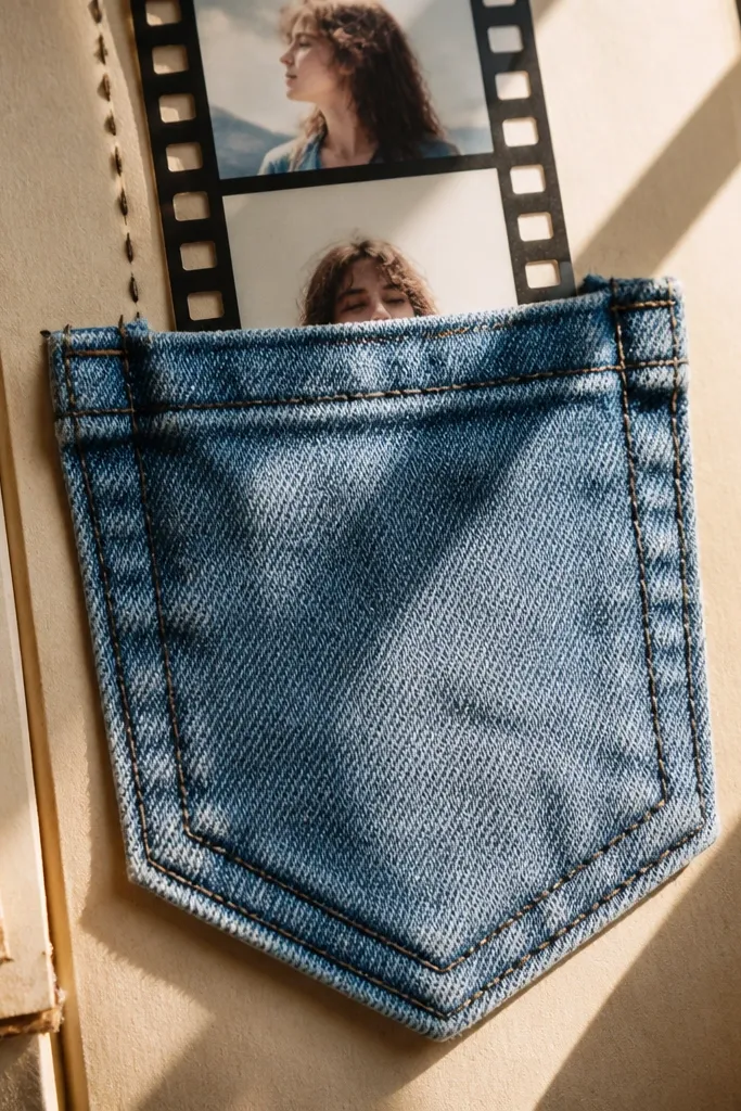 Denim pocket on a scrapbook page with faux stitch lines and a