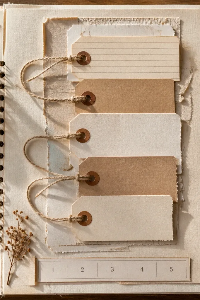 Numbered tags attached with twine loops on a scrapbook page