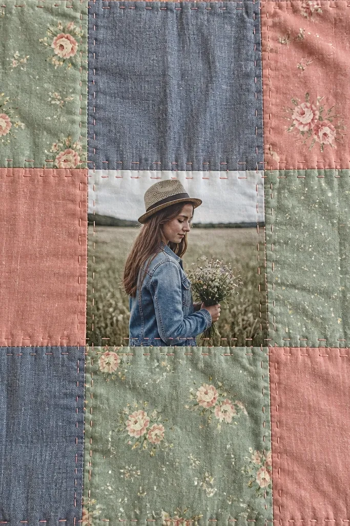 Fabric patchwork squares on a scrapbook page with a in the center