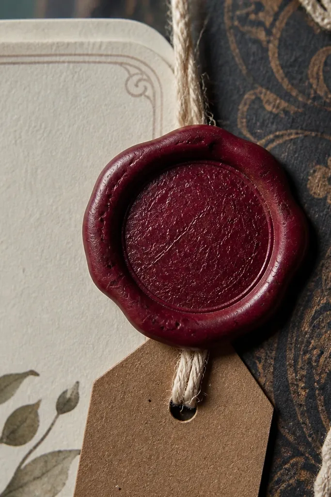 Wax-seal style circle with a twine tag on a scrapbook page