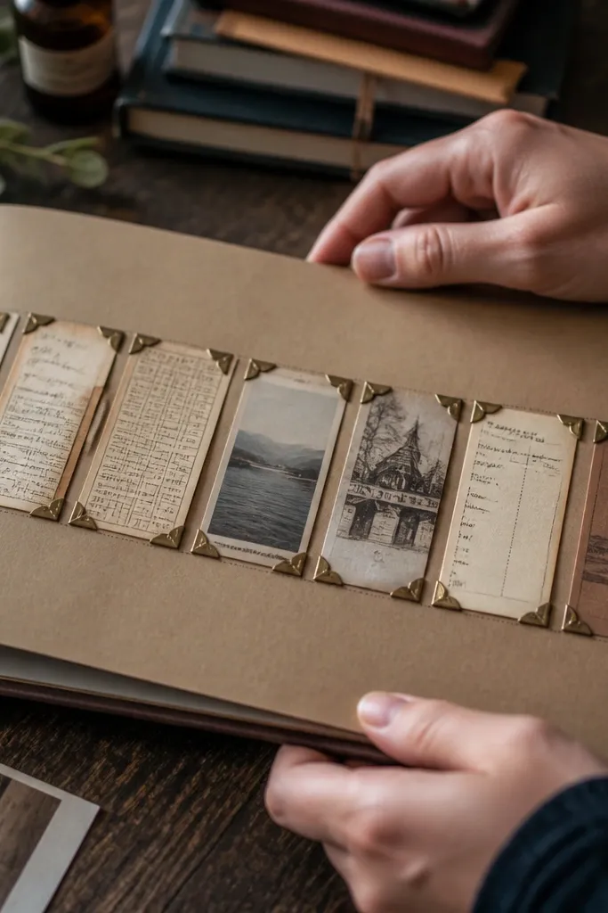 A timeline strip of receipts and tickets with clipped corners