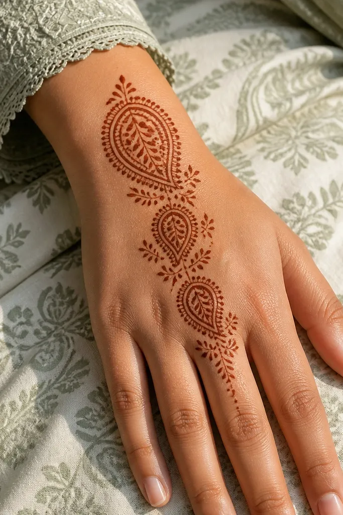 Back of hand with three paisleys stacked from wrist toward middle finger