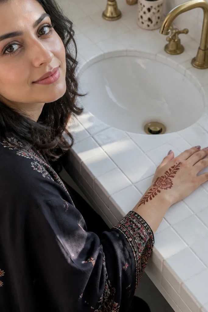 Front hand with a flower at thumb web and fan petals toward index finger