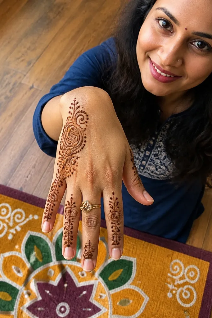 Top of hand with corner swirls and small rangoli dot clusters