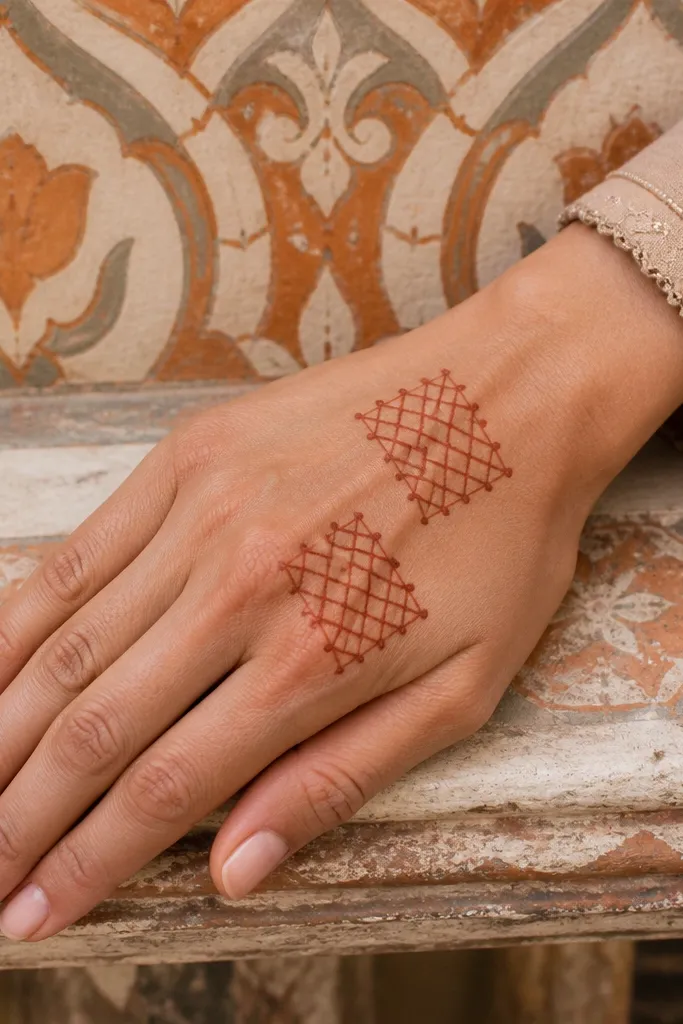 Back hand with diagonal mini lattice squares and small dot fills