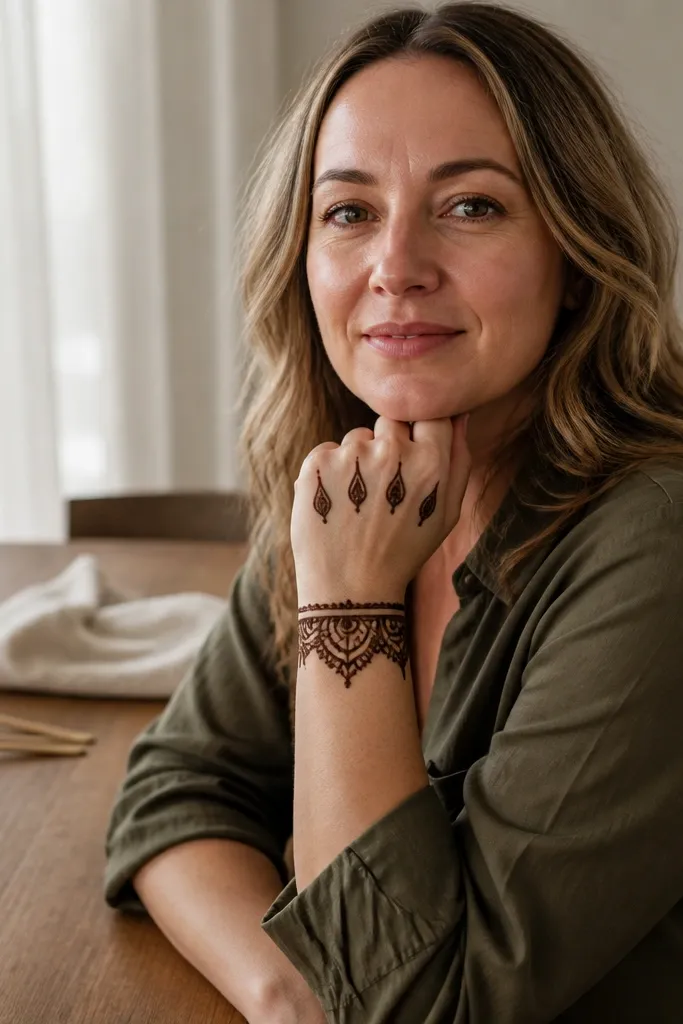Mehndi with a wrist ring and three teardrop motifs on the fingers