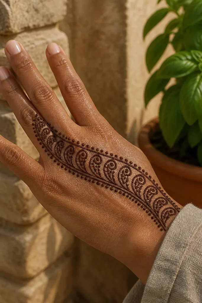Mehndi with a half-moon paisley band across the back of the hand