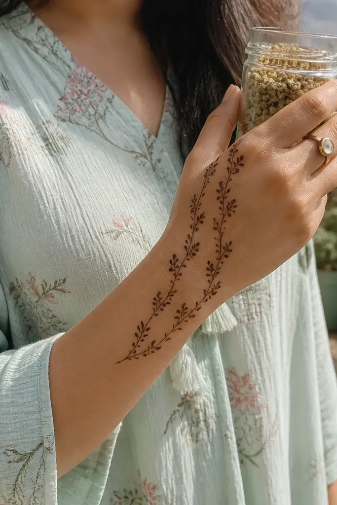 Mehndi with thin vine lines from the wrist and five small micro flowers on the back of the hand