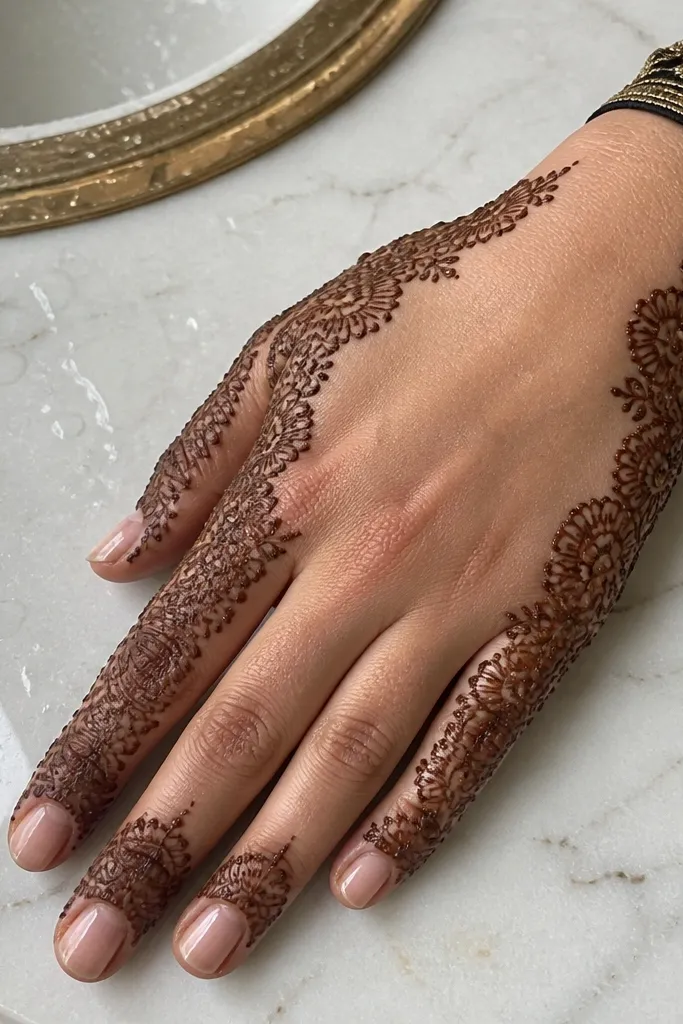 Mehndi with lace-like pattern along the outer edge and an open center on the back of the hand