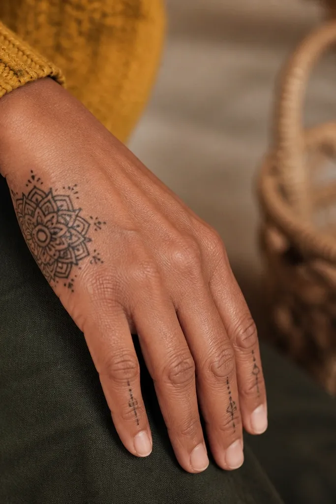 Mehndi with a small mandala anchored in the corner of the back of the hand
