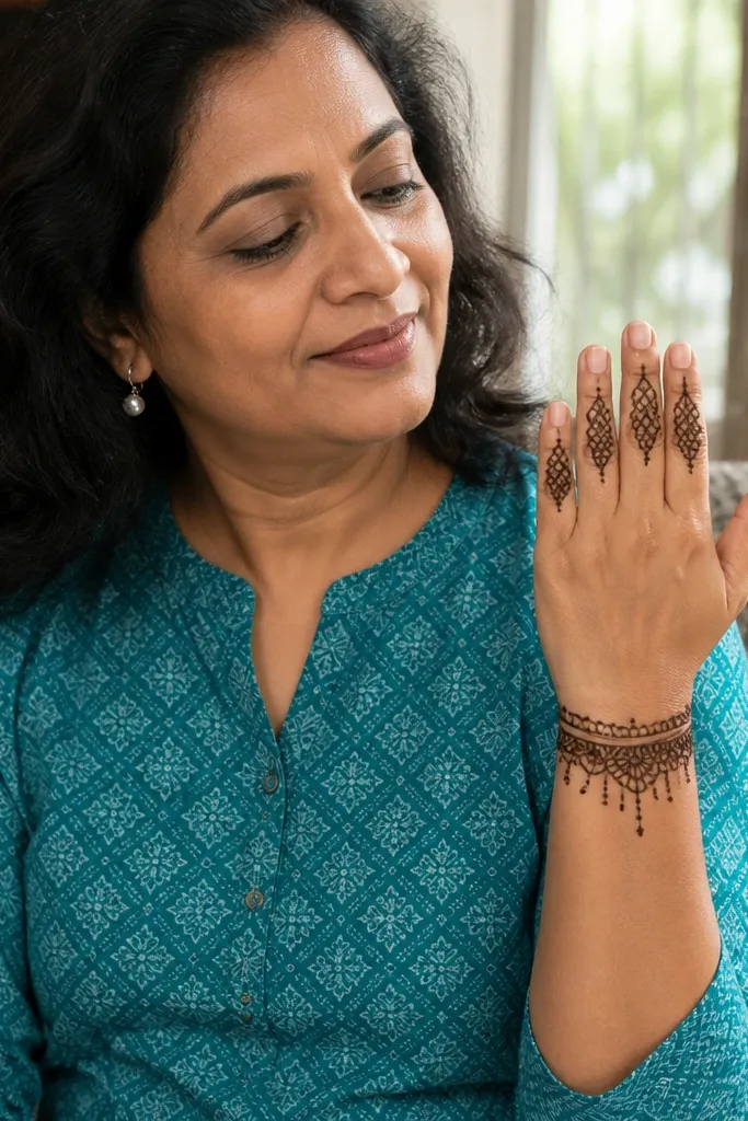 Mehndi with a wrist bracelet and cross-hatch lines on the fingers