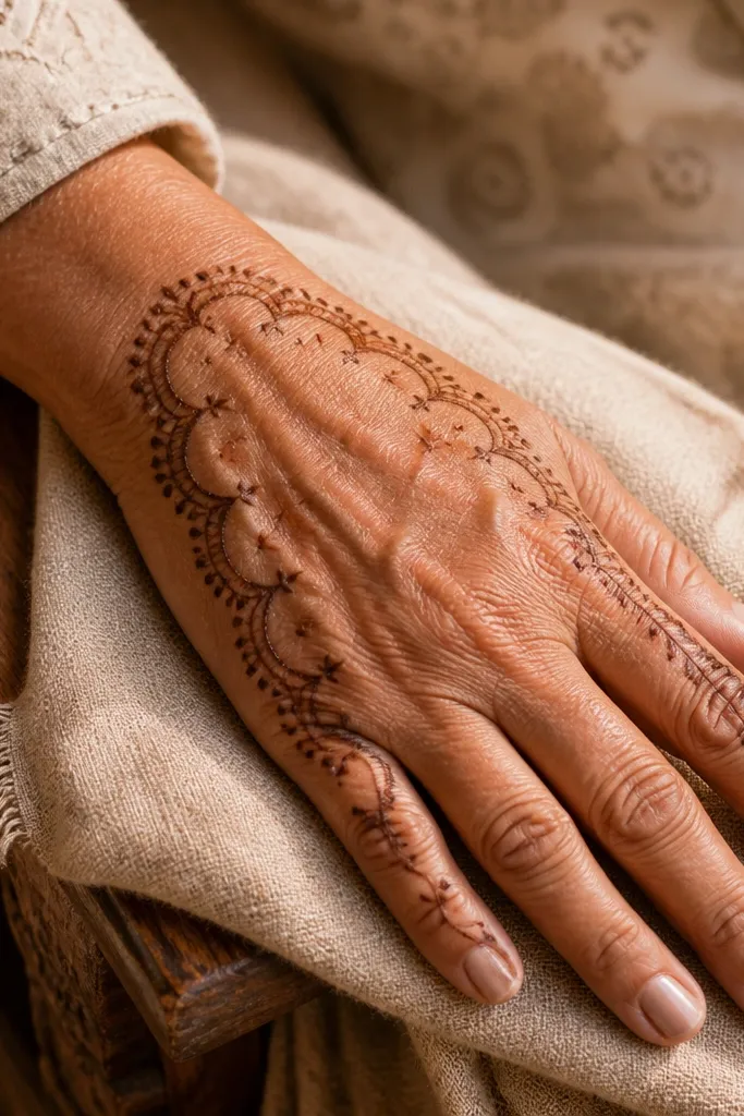 Mehndi with a scallop border frame and tiny star dots inside