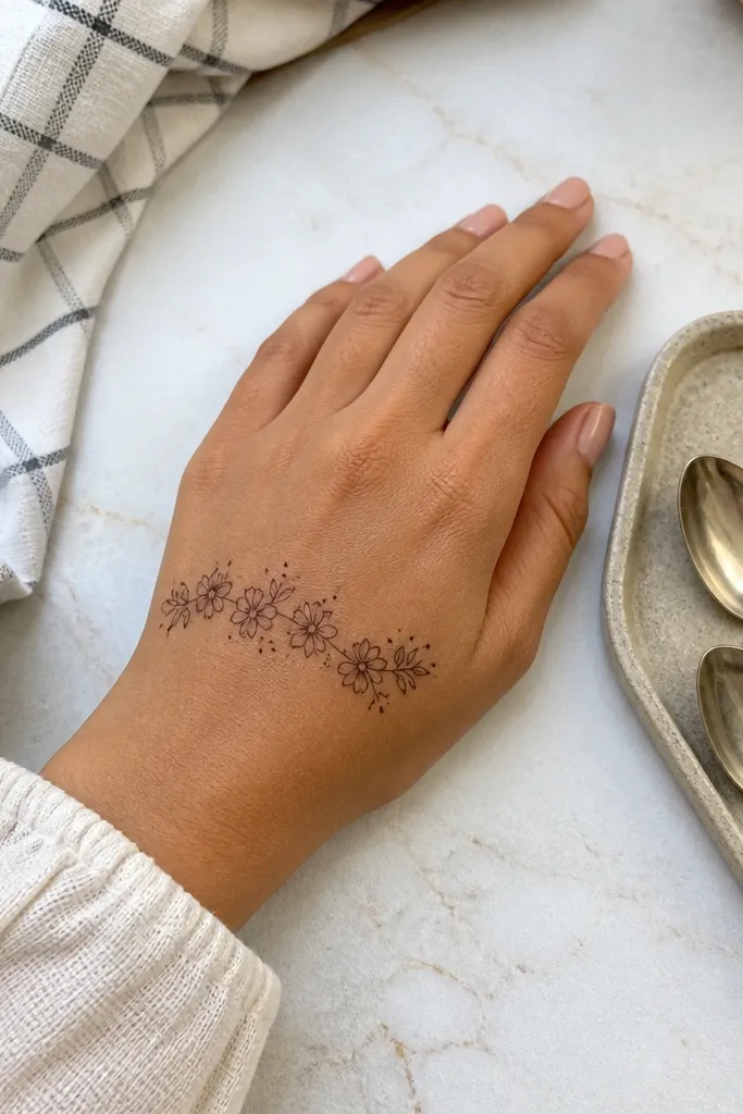 Mehndi with a minimal row of small flowers across the back of the hand
