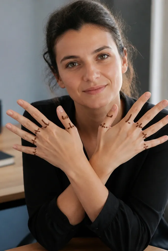 Mehndi with dotted rings around each finger base and a light wrist line