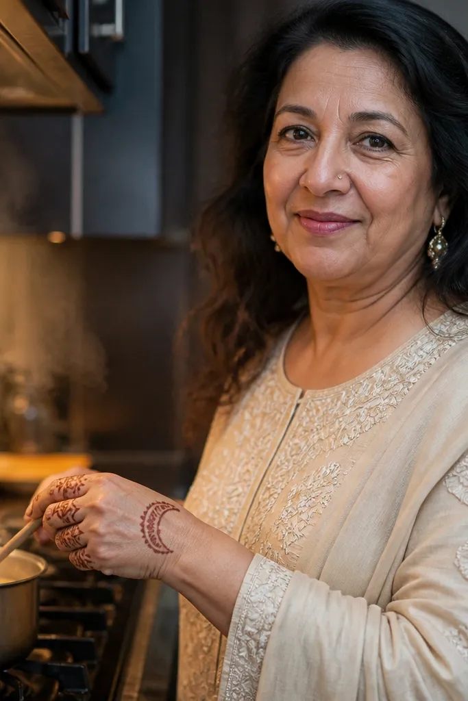 Mehndi with a crescent near the palm top and half bands on fingers