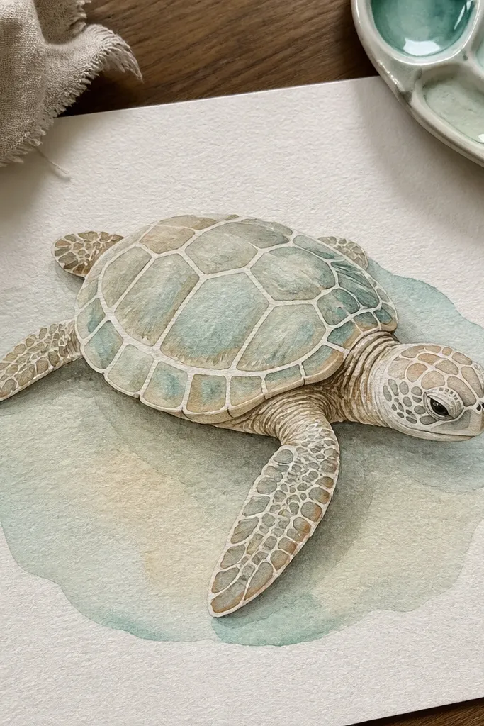 A turtle sitting on a small pastel puddle with soft shadows under it