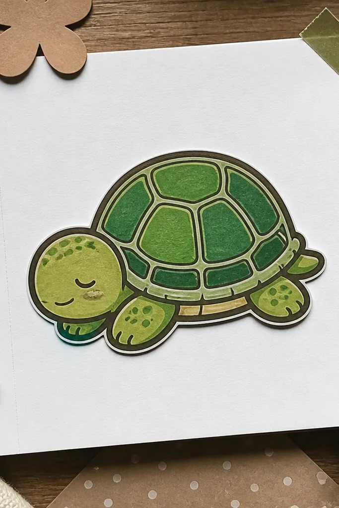Cartoon turtle with bold dark outline and simple colored shell segments