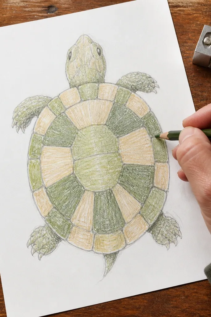 Turtle with slightly uneven shell segments that look hand-drawn and cozy