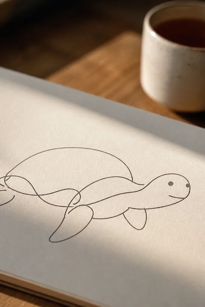 A turtle drawn with one continuous smooth line and minimal details